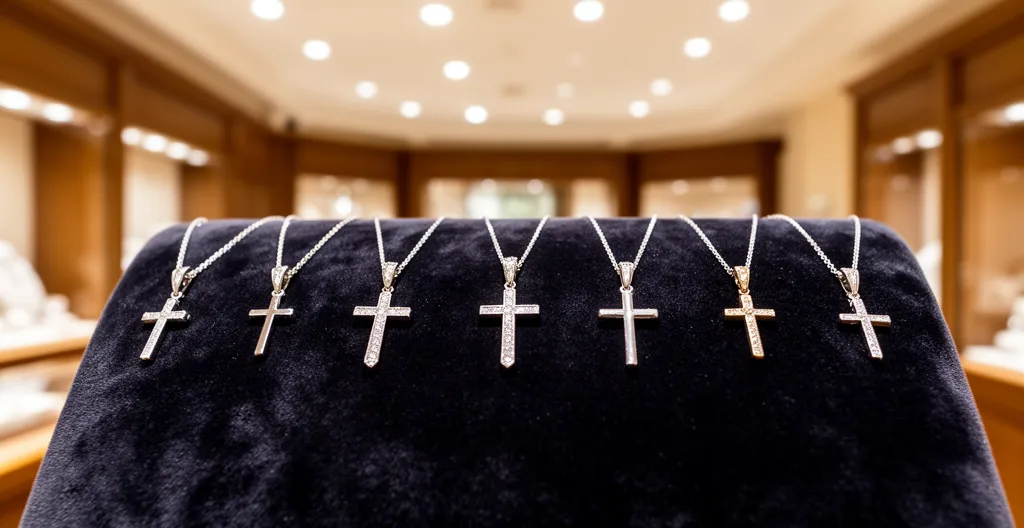 Différents modèles de croix chrétiennes sur présentoir velours