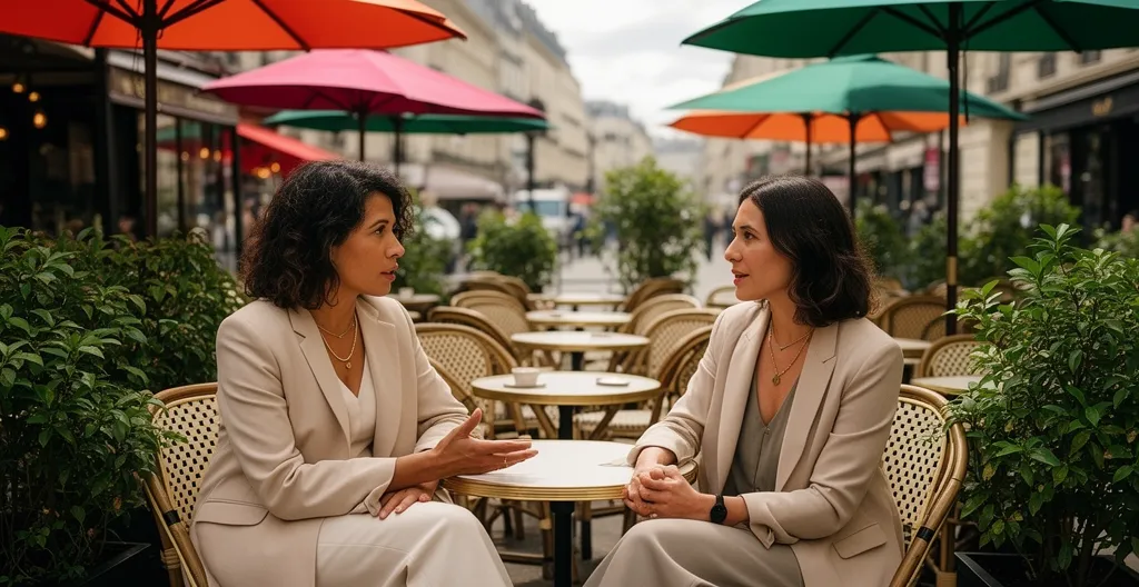Deux adultes en conversation sur une terrasse, collier croix discret visible