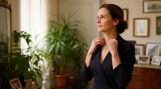 Femme adulte ajustant une croix en pendentif devant un miroir de chambre