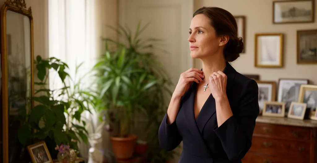 Femme adulte ajustant une croix en pendentif devant un miroir de chambre